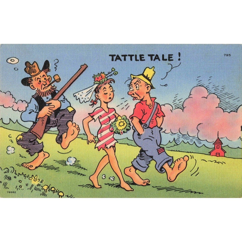 Vintage Tattle Tale Shotgun Wedding Humorous Linen Postcard Tichnor Bros 795